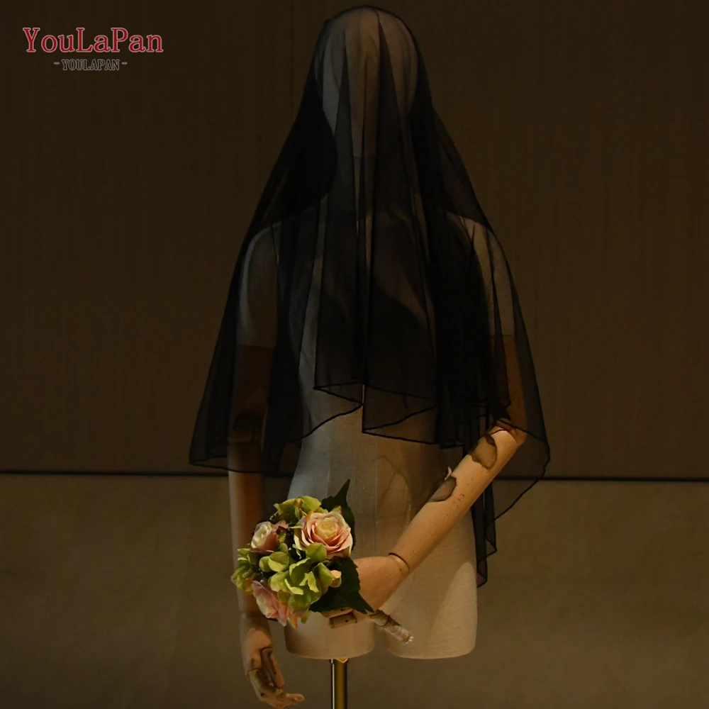 YouLaPan V15-B 인기있는 2 레이어 웨딩 소프트 베일, 심플한 짧은 신부 블랙 베일, 할로윈 파티 장식, 교회