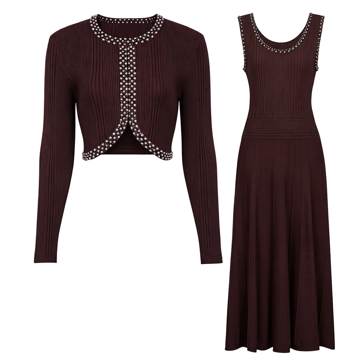 26288 Fashion Women Two Piece Outfit Round Neck Long Sleeve Knit Cardigan Rhinestone Pearl Sleeveless Midi Dress Evening Set