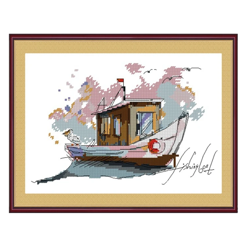 

Cross-stitch set for fishing boats: 28ct, 18ct, 14ct, 11ct. You can choose from a hand-embroidered material package made of prin