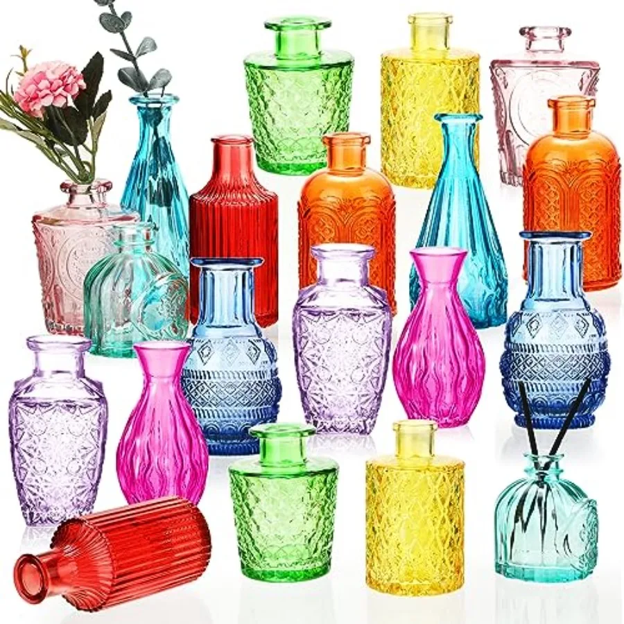 

20 Pcs Glass Bud Vase Set - Colored Flower Vases Bulk, Vintage Embossed Decorative Bottles for Wedding Valentine Home Table Cen