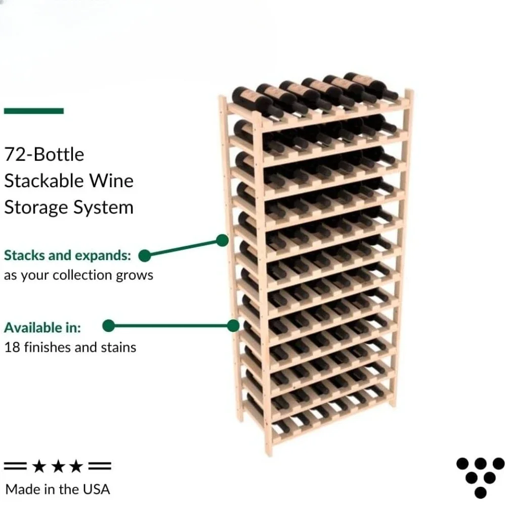 Estante de vino de madera Premium, 72 botellas, estante de vino de madera Modular de fácil montaje, hecho a mano en EE. UU., pino (sin teñir)