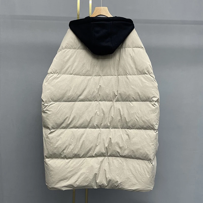 Schinteon feminino pato branco para baixo sobre tamanho jaqueta outono inverno quente casual outwear com capuz falso duas peças retalhos casaco 2023