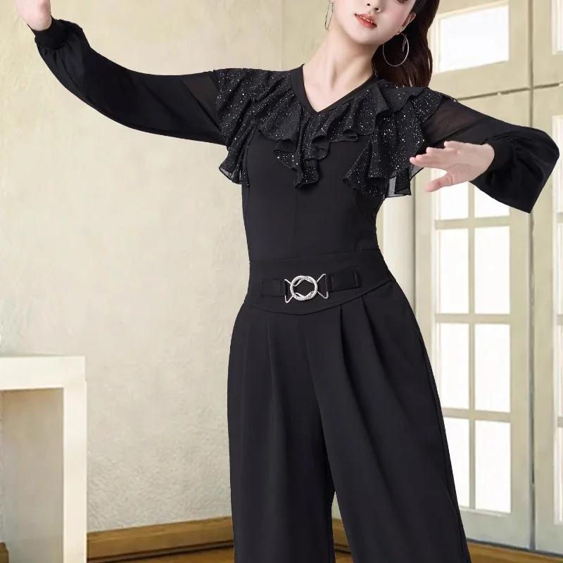 Latin Dance Wear Top Damen Frühling und Sommer Neue Kurzarm Mesh Rüschen Blatt Rand Moderne Samba Square Ballroom Dance Kostüm