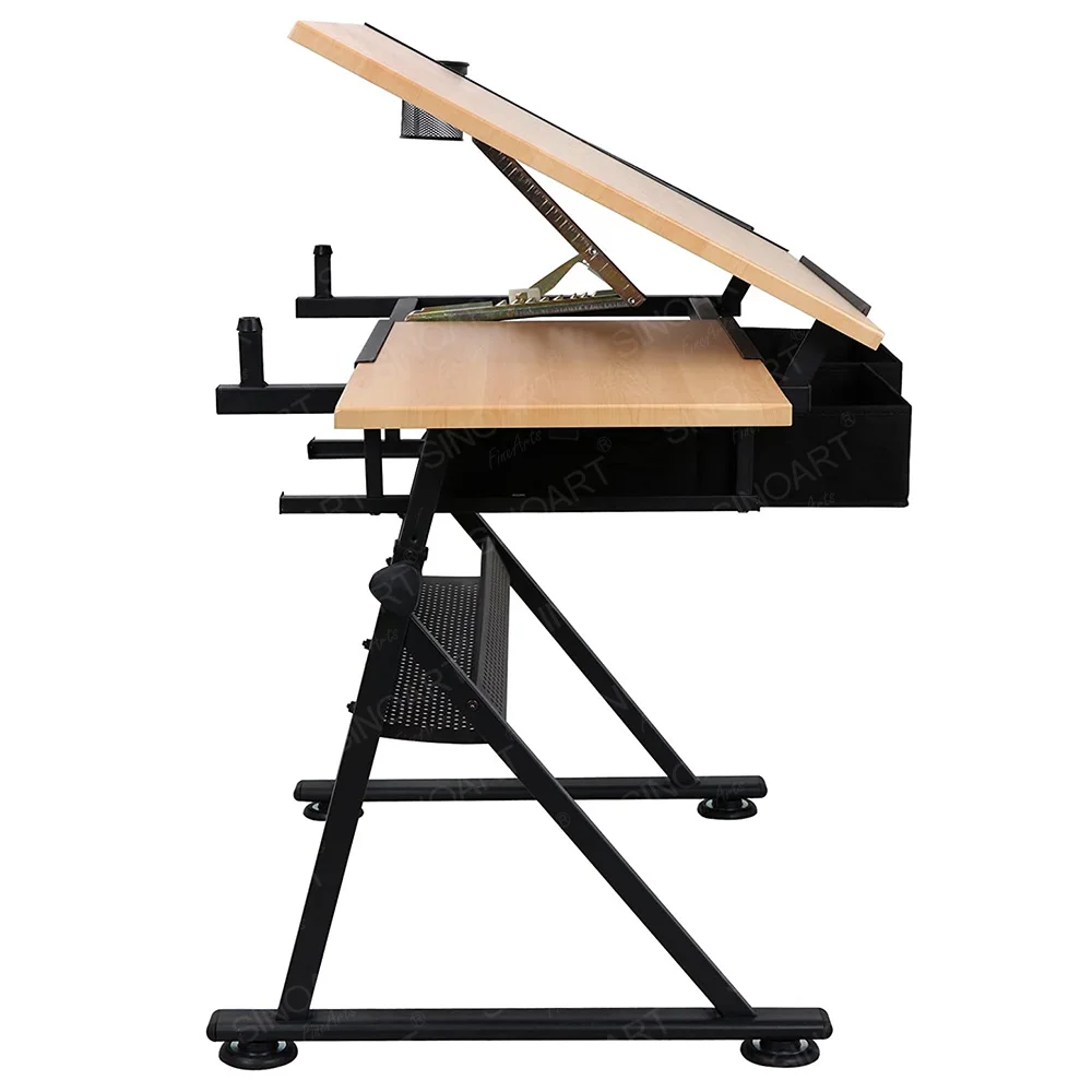 

Adjustable Tilting Drafting Table with Drawers Wooden Desk for Architecture Drawing Stool Included