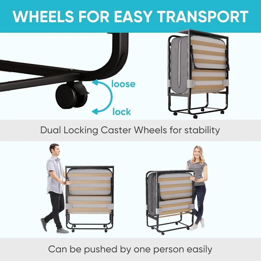 سرير ضيوف قابل للطي مع لوح رأسي، مقاس 75 × 31، 5 مرتبة، سهل الحركة، إطار معدني قوي #6