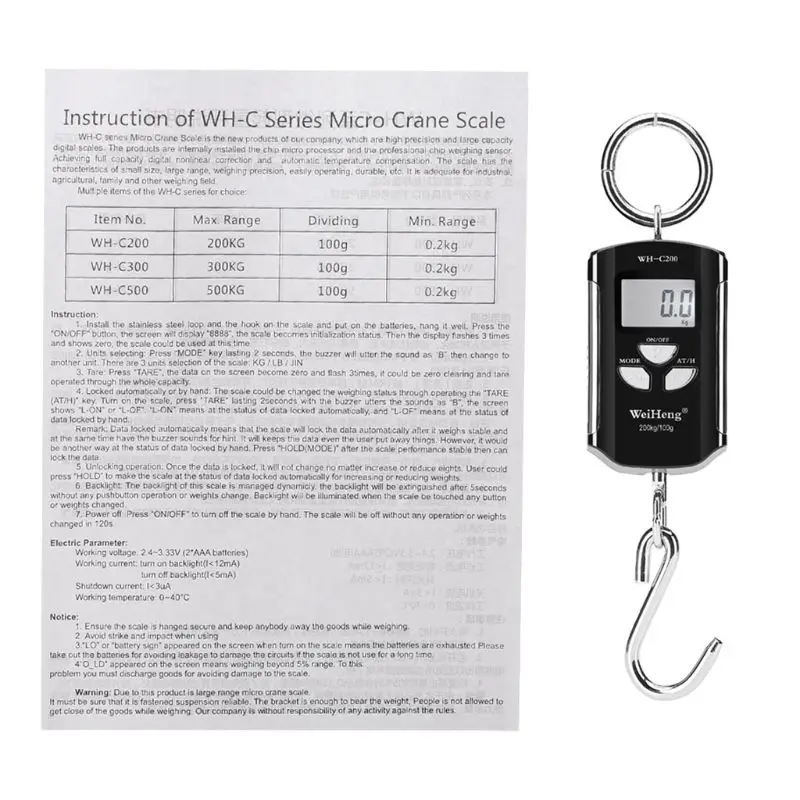 Crane Scale 200kg/400lbs Electronic Digital Hook Scale Hanging Scale Luggage Fishing Scale Heavy Duty Weight DropShipping