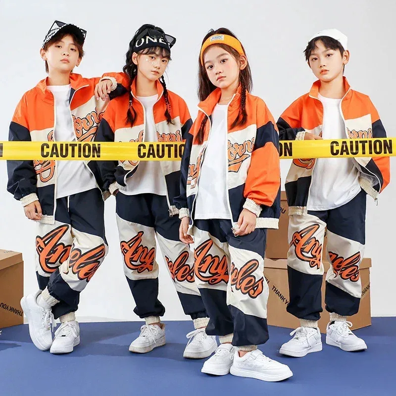 Бейсбольная куртка в стиле хип-хоп для мальчиков, свободные брюки для уличных танцев, контрастное пальто для девочек, комплекты детской спортивной одежды для джаза, детская уличная одежда