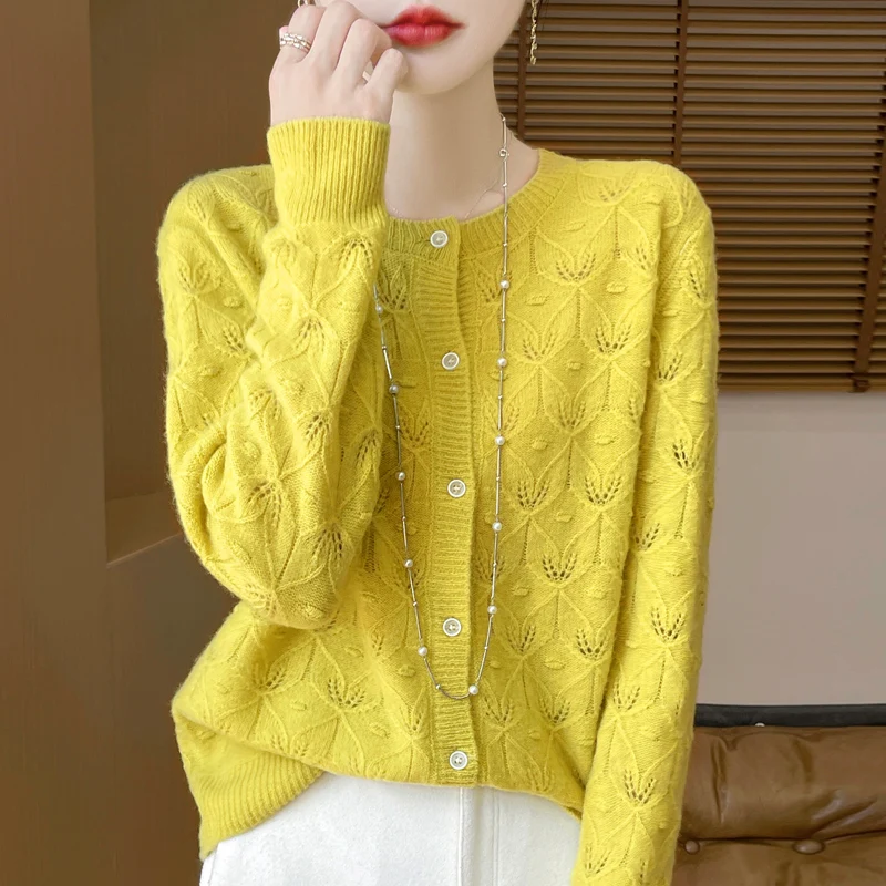 

New Autumn Winter Soft Warm Cardigan Woman Cashmere Sweater O-neck Women 100% Merino Wool Sweater Loose Fit Hollow out Top Coat
