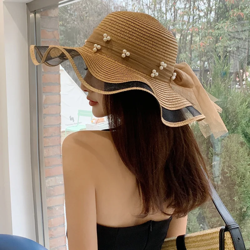 Hat Female Summer Big Brim Pearl Mesh Hat Travel Beach by the Sea Straw Hat Princess Hat