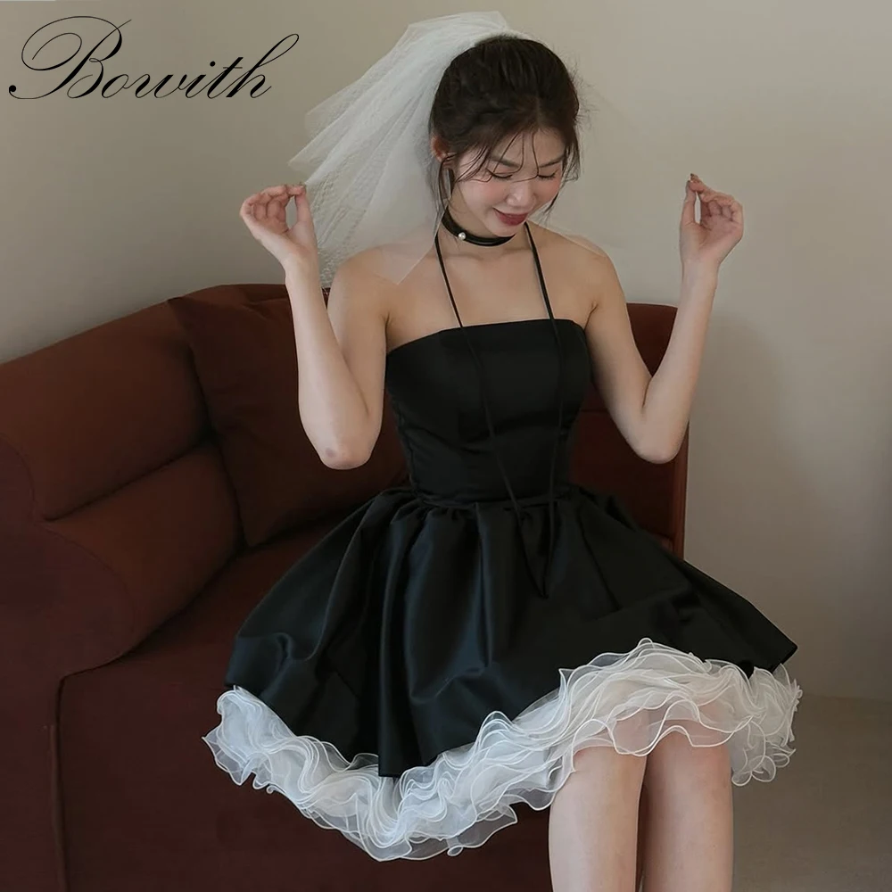 

Bowith Mini Korean Wedding Dresses Strapless Black Pleat Ruffle Short Evening Dresses A-line Wedding Party Dresses Customized