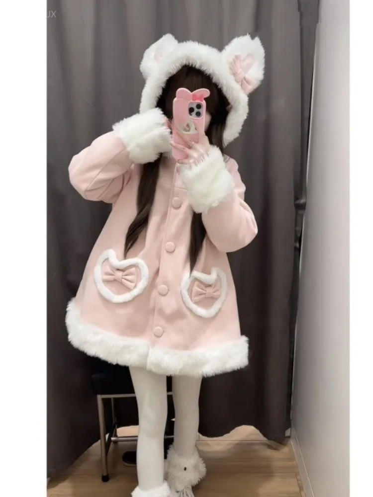 Japanese Lolita Furry Patchwork Cute Pink Overcoat Jackets Women Y2k Aesthetic Lolita Coat Sweet Heart Bow Pocket Long Jacket