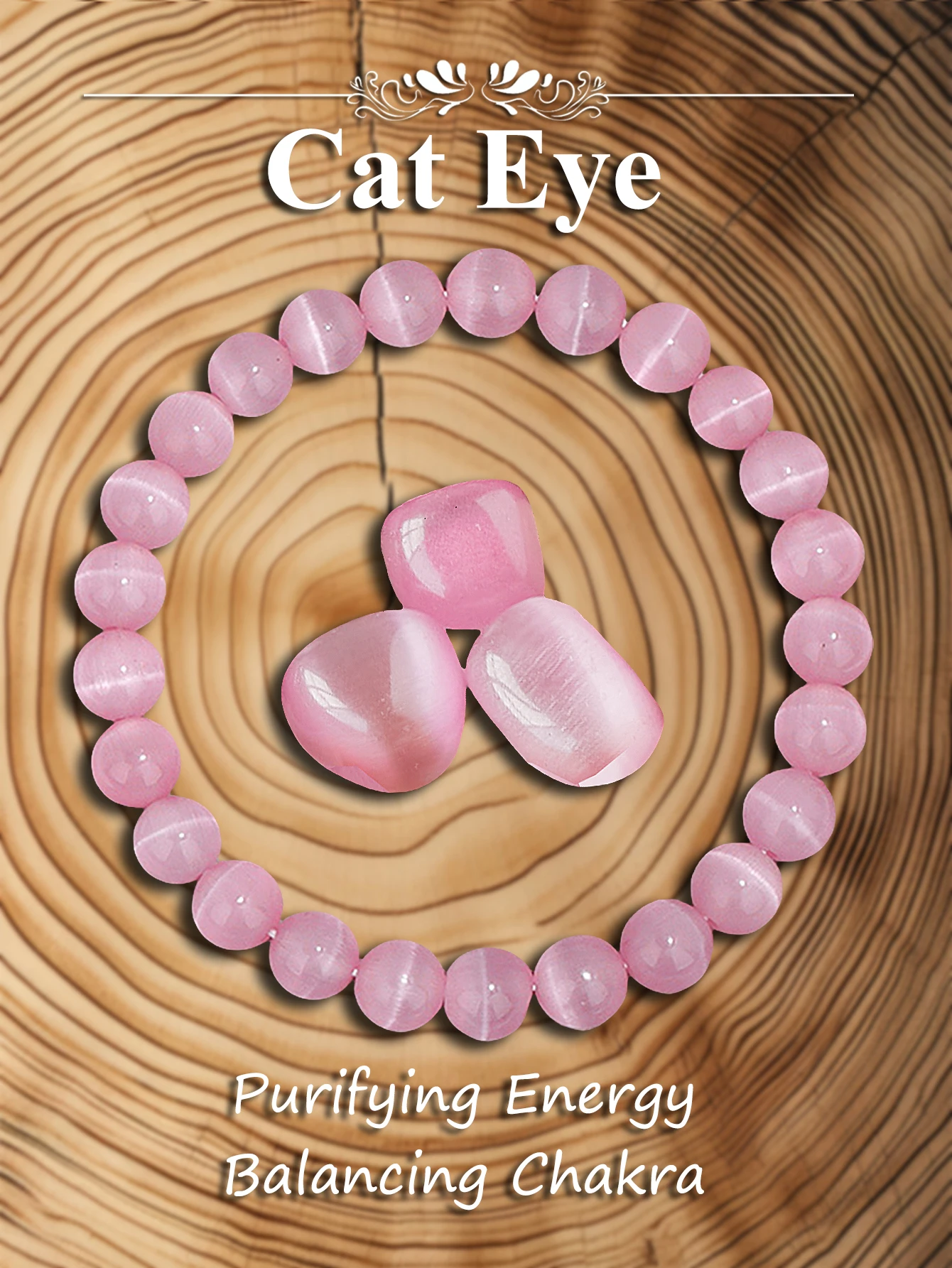 Natural Pink Cat Eye Stone Beaded Bracelet for Emotional Balance Positive Energy Healing & Protection Jewelry Gift for Women​
