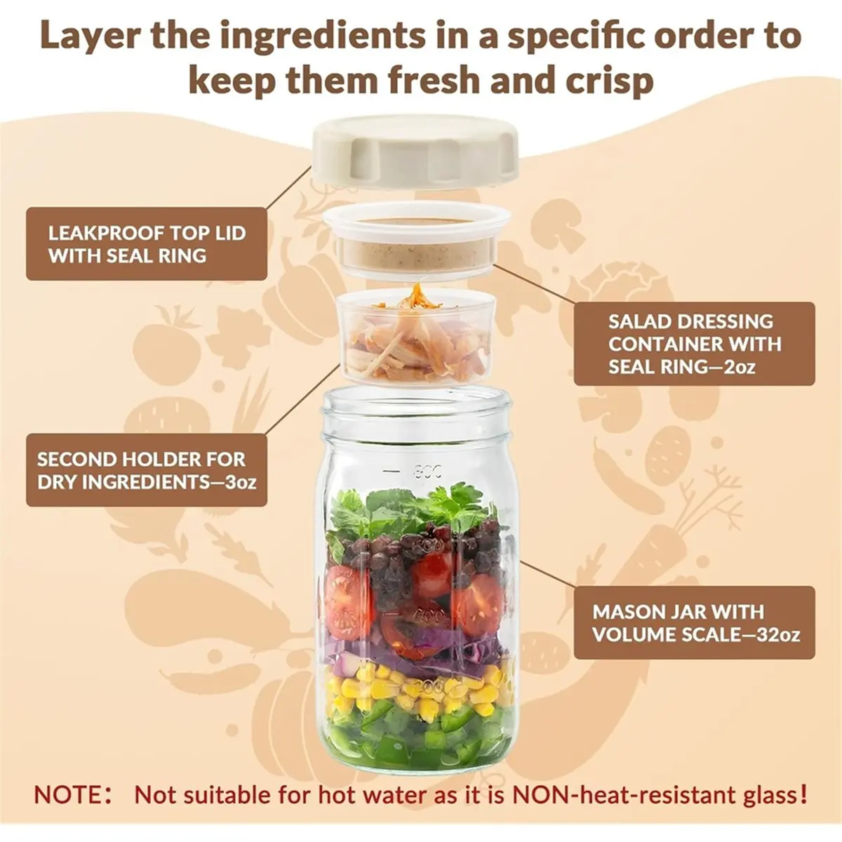 A67T NEW 4 Pack Glass Salad Jars with Lids Meal Prep, Wet/Dry Separation for Salad Dressing and Dry Ingredients, 32oz MasonJars