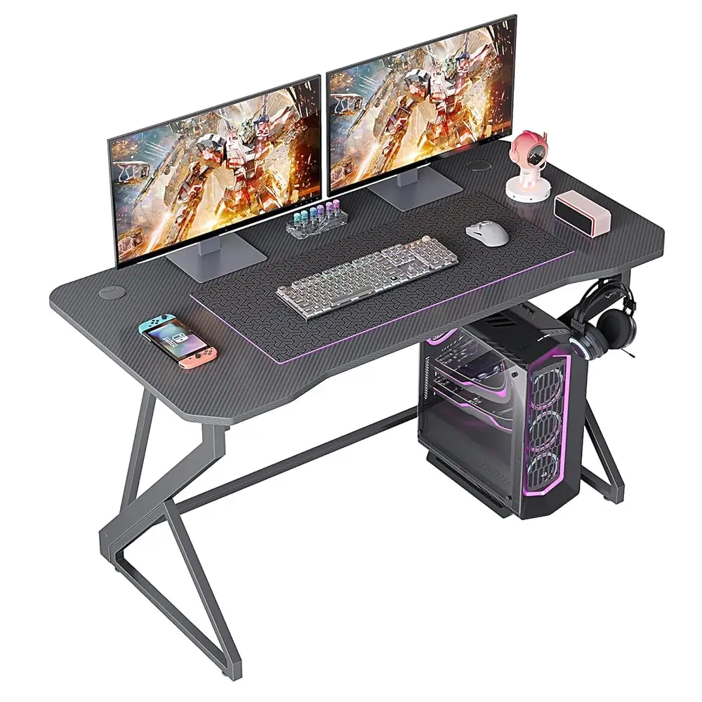

Gaming Desk Z Shaped 40 H Gamer Workstation, Home Computer Carbon Fiber Surface Gaming Desk Pc Table With Headphone Hook,