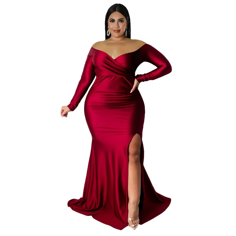 L-4XL 2023 wiosna kobiety odzież moda V Neck z długim rękawem Bodycon podział Sexy Party wieczór Plus rozmiar sukienki kobiece stroje