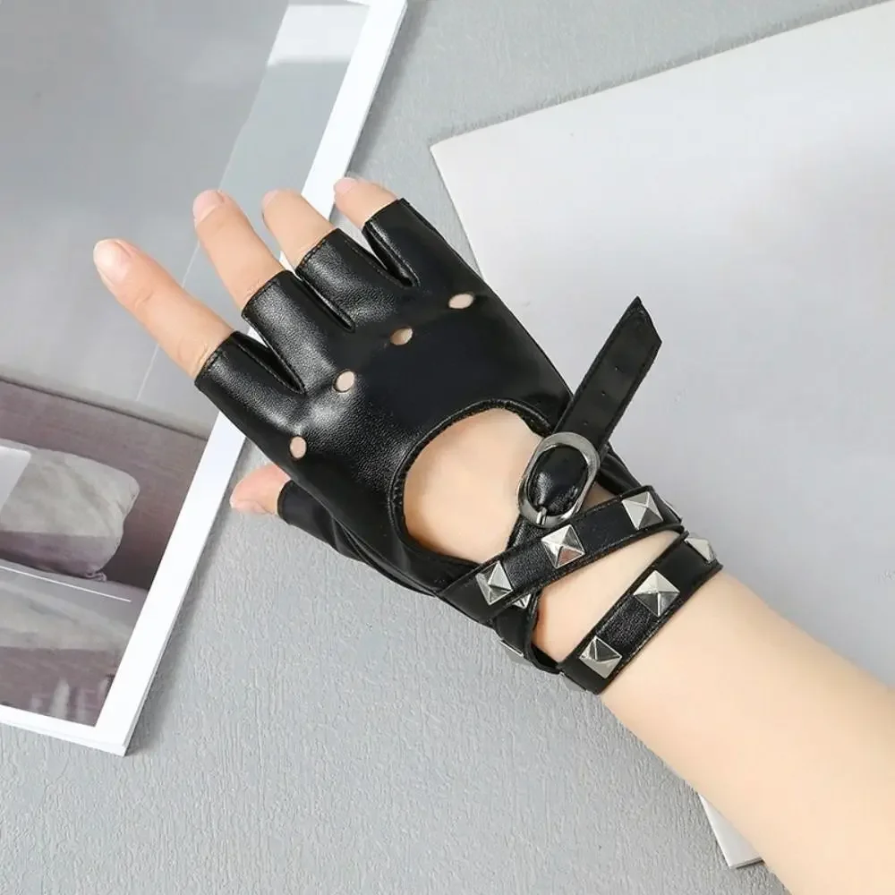 Punk Rivets Belt Wrist Gloves Anti-Slip Breathable Half Finger Gloves Gothic Trendy Performance Gloves Sports Activities