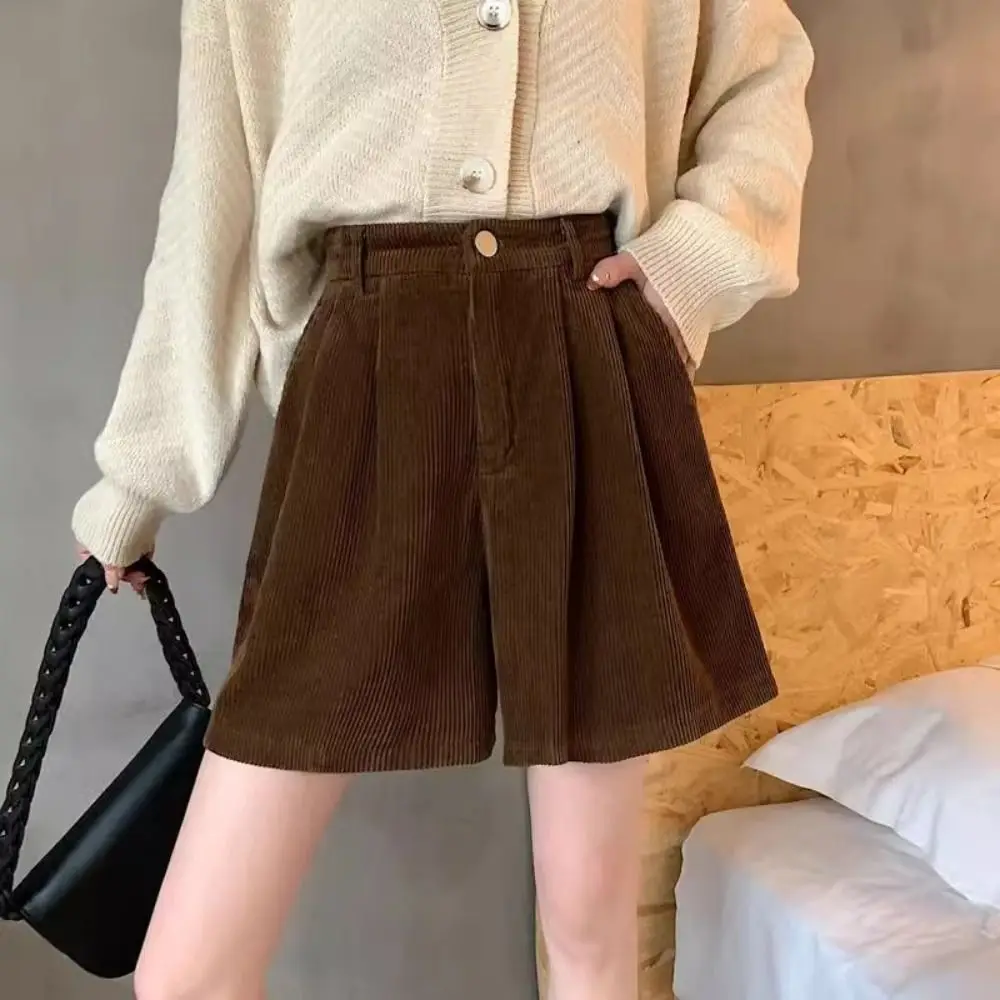 Simple High Waist Women Corduroy Shorts Elastic Stripe Wide Leg Short Pants Two Pockets Large Size Loose Streetwear Daily