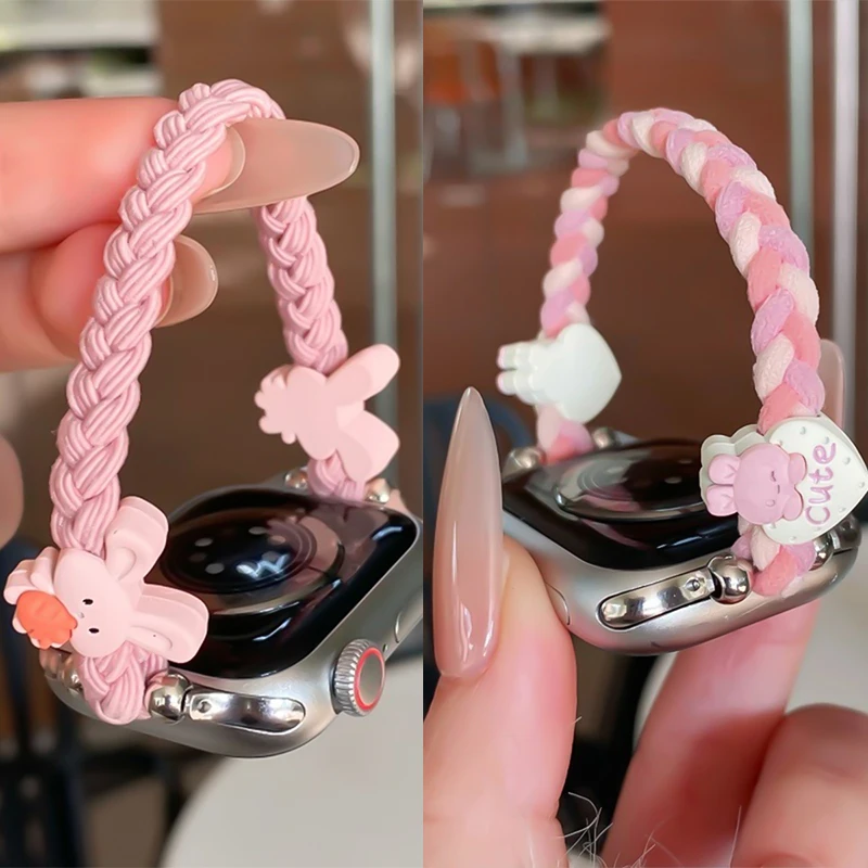 

Cute Cartoon Animal Woven Elastic Rope Soft Strap For Apple Watch 11 10 9 8 7 6 SE Wristband For iWatch 41 45 38mm 40mm 44 42 49