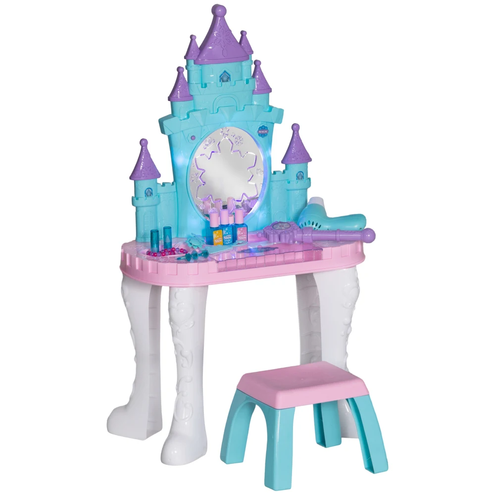 Kids Vanity Set with Mirror and Stool, Castle Design Makeup Table with Light, Music, Hair Dryer,Girls Pretend Play Toys