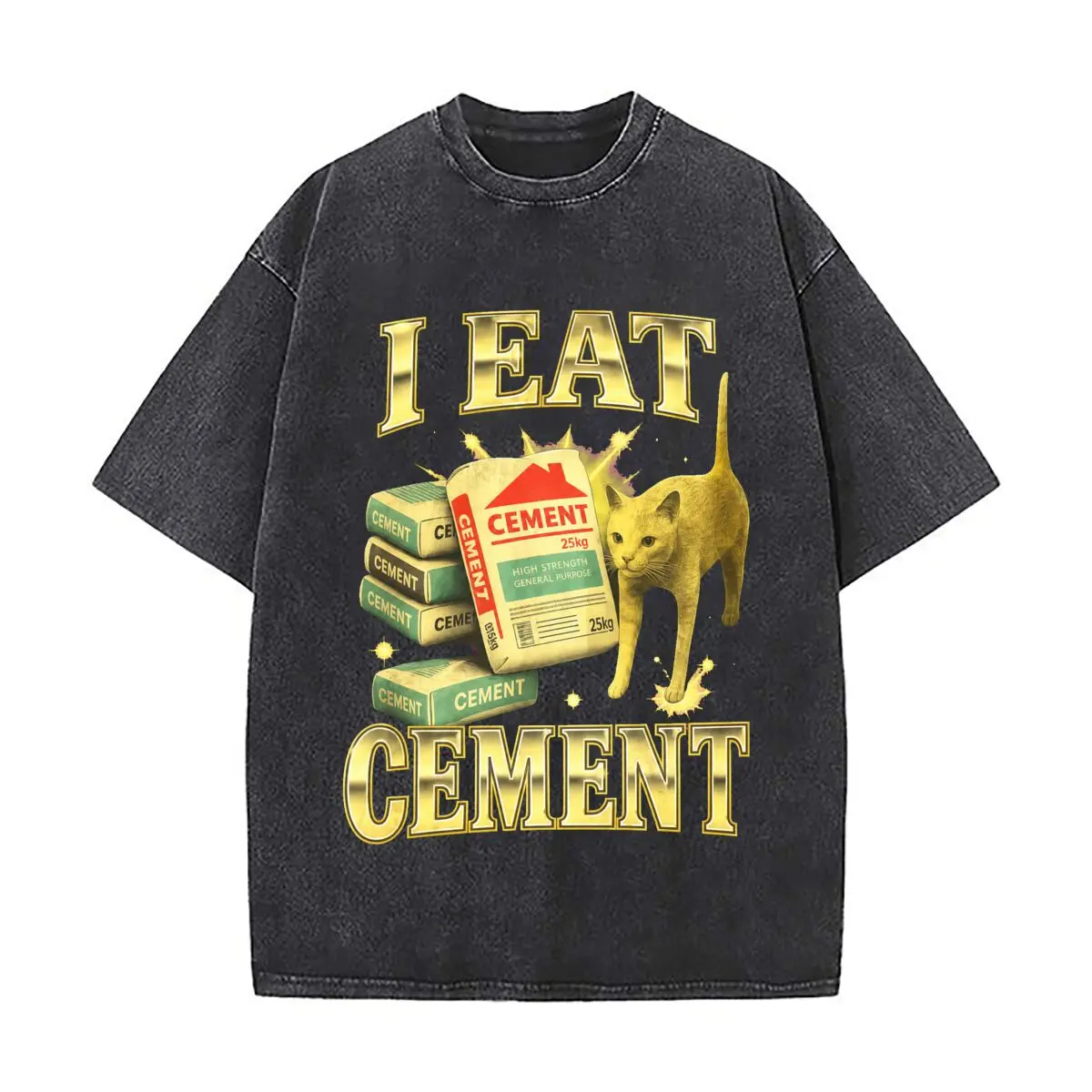 I Eat Cement Funny Cat Meme 25kg Distressed Faded Baggy Streetwear Tops for Park Hangouts