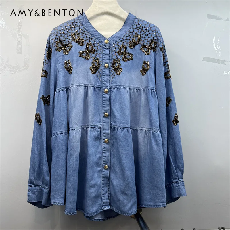 

Butterfly Beaded Craft Denim Blouse Women's 2026 Spring Summer Retro Washed Stand Collar Long Sleeves Loose Slim Casual Shirt