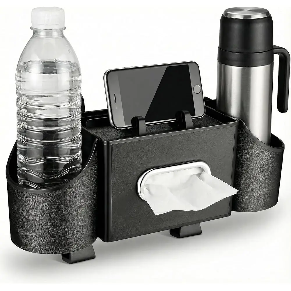 

4 in 1 Backseat Car Organizer with Cup Holder Tissue Box and Hooks Multifunctional Seat Back Storage Box for Road Trip Trave
