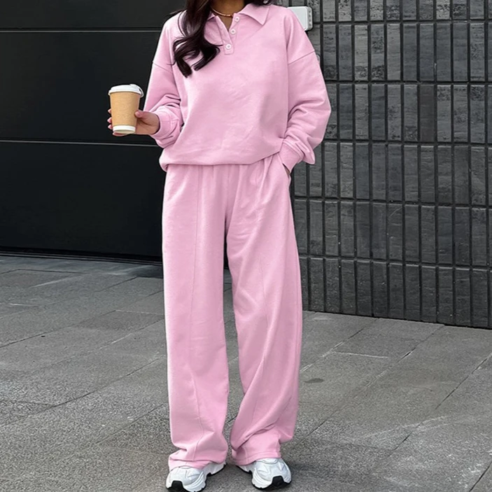 Conjunto de sudadera polo rosa, pantalones de pierna ancha, traje de dos piezas, estilo callejero de ocio atlético