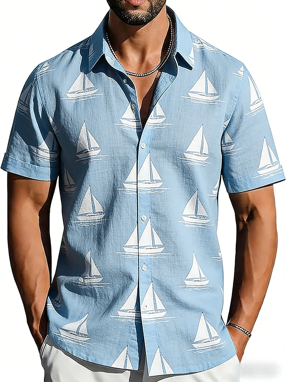 Men's Shirt Ethnic Geometric Stripe Print Turn‑down Collar Short Sleeve Vacation Party Casual Button Down Men Clothes