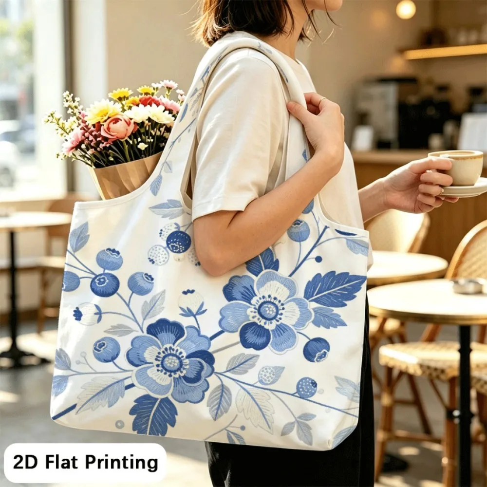 Blue Berry Embroidery Versatile foldable tote bag, shoulder style for travel & student use.