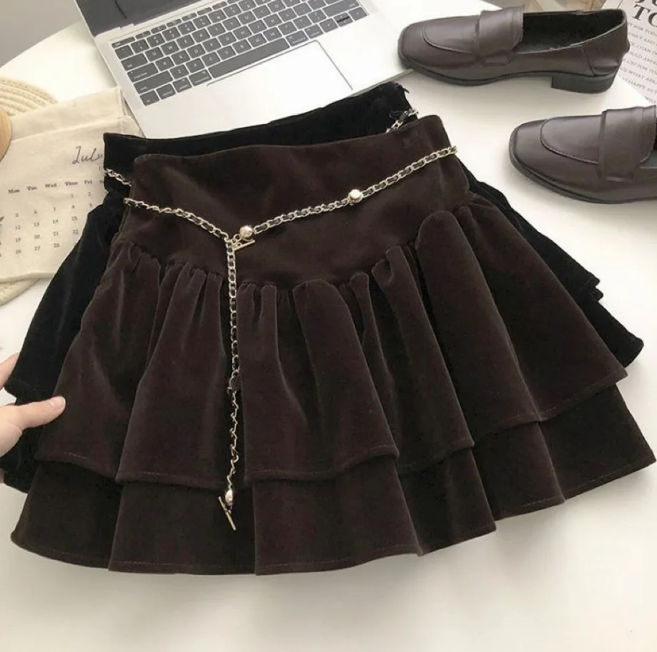 التنانير الفتيات الخريف الربيع جديد مرونة الخصر تنورة عالية الخصر المخملية تكدرت حافة قصيرة ملابس الأطفال خمر #1