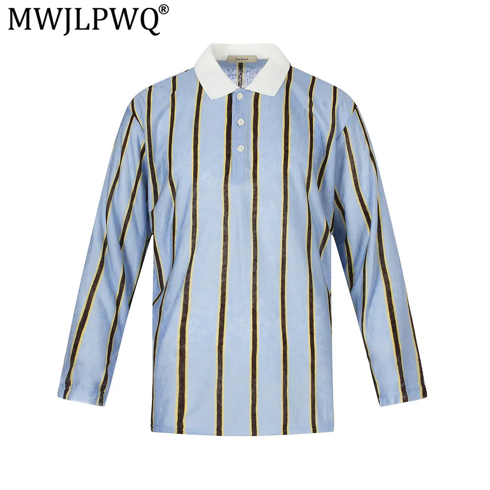 MWJLPWQ Vertical Striped Long-Sleeve Polo Collar T-Shirt For Men Casual Loose Fit Vintage Distressed Hem Trendy Street Top 20737
