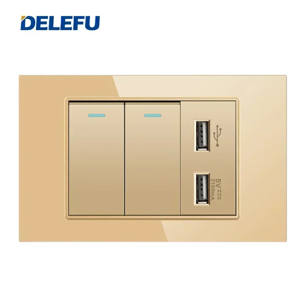 DELEFU 4*2 Gold Tempered Glass Brazil Standard Outlet Dual Usb Type C Wall Socket Light Switch Switzerland 10A 20A image 4