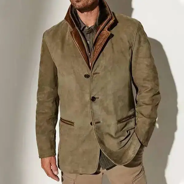 2025 Men's Spring Autumn Fashion Retro Jacket, New European And American Style Lapel Workwear Patchwork Contrast Color Coat