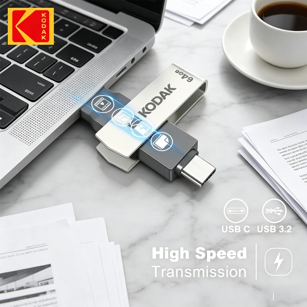 

KODAK USB3.2 Type C Two in One Flash Drive 256GB 128GB 32GB Pendrive High Speed Dual Memory Stick For Smartphone Laptop