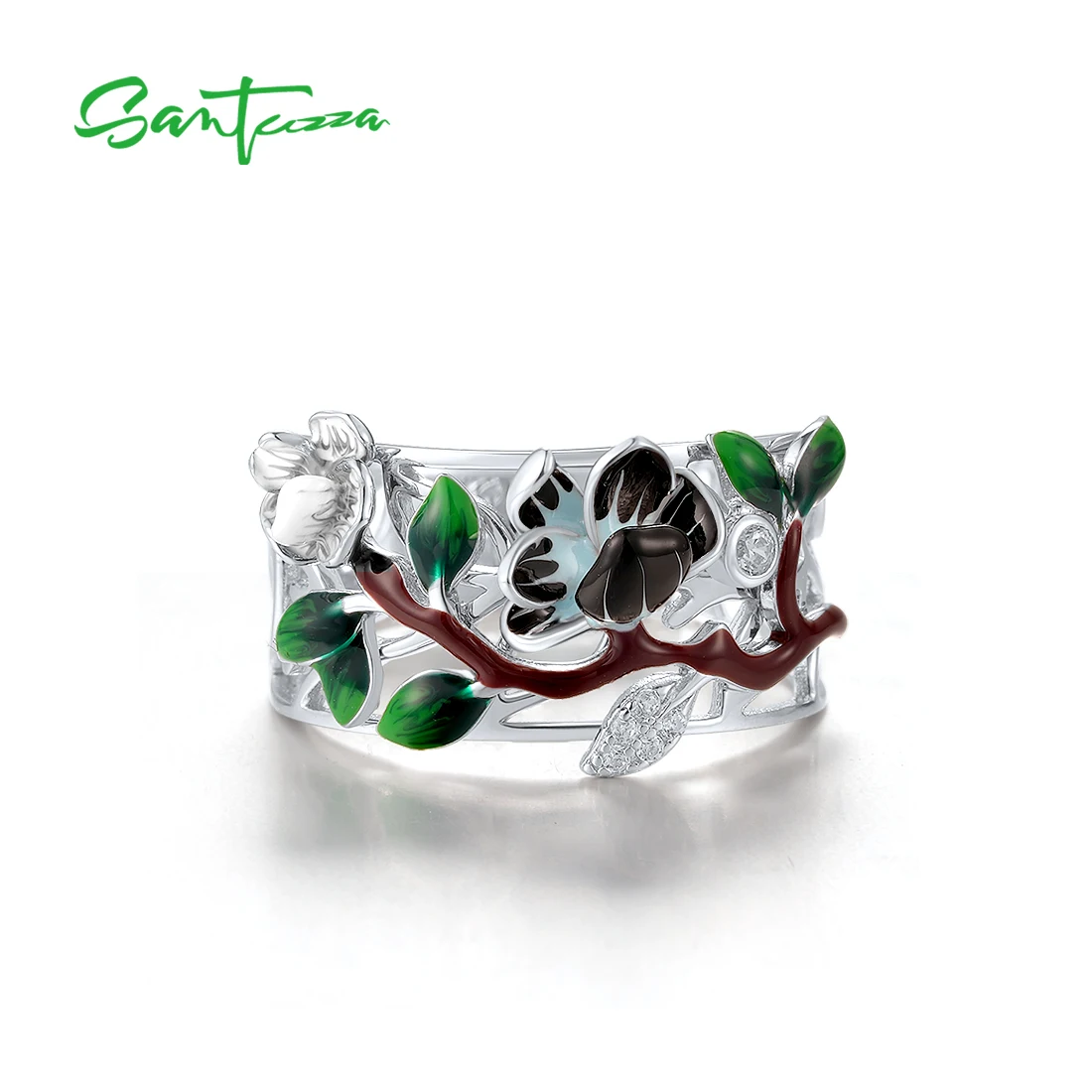 SANTUZZA Authentic 925 Sterling Silver Rings For Women Sparkling White CZ Flower & Leaf Enamel Fine Jewelry Handmade