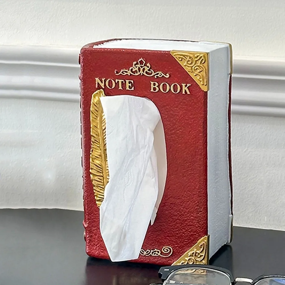 

Simulation Book Shaped Tissue Box Creative Design Vintage Style Decorative Tissue Boxes Feather Pattern Literary Theme