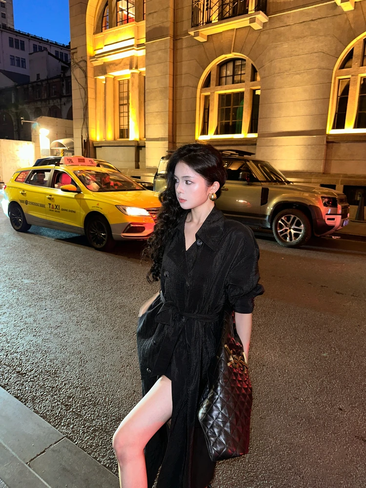 

Acetate Fiber Original Folded Waist-Cinching Thin Coat Jaet Night Walker by Chu Yu Qi Long Sve Simple Sle Commute Wear