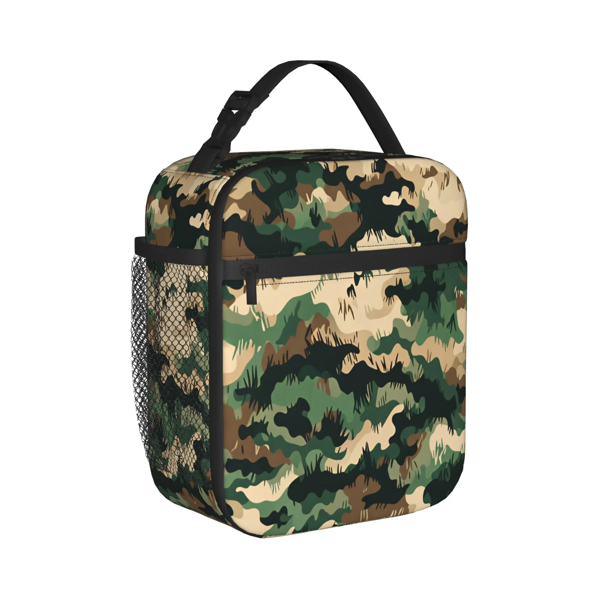Military Camo Pattern Forest Green Brown And Tan Lunch Bag For Girl Boy School Lunch Box Retro Portable Zipper Oxford Cooler Bag