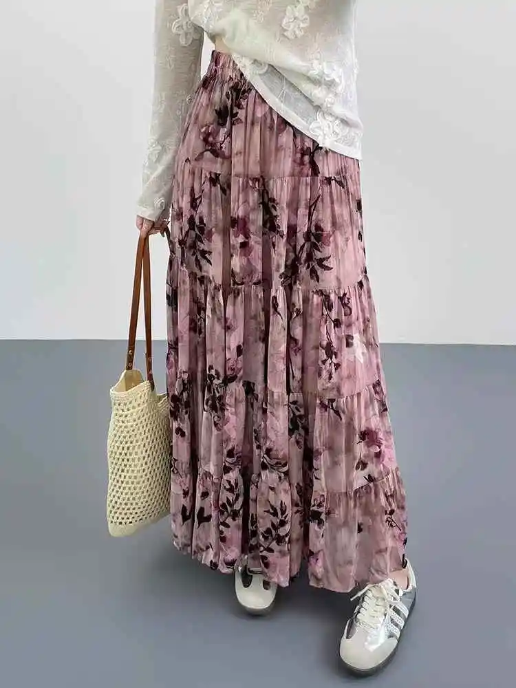 

Vintage Women's Pink Green Floral Pleated Long Skirt Spring Summer Fashion High Waist Elegant Slim Boho Vacation Party Skirt New