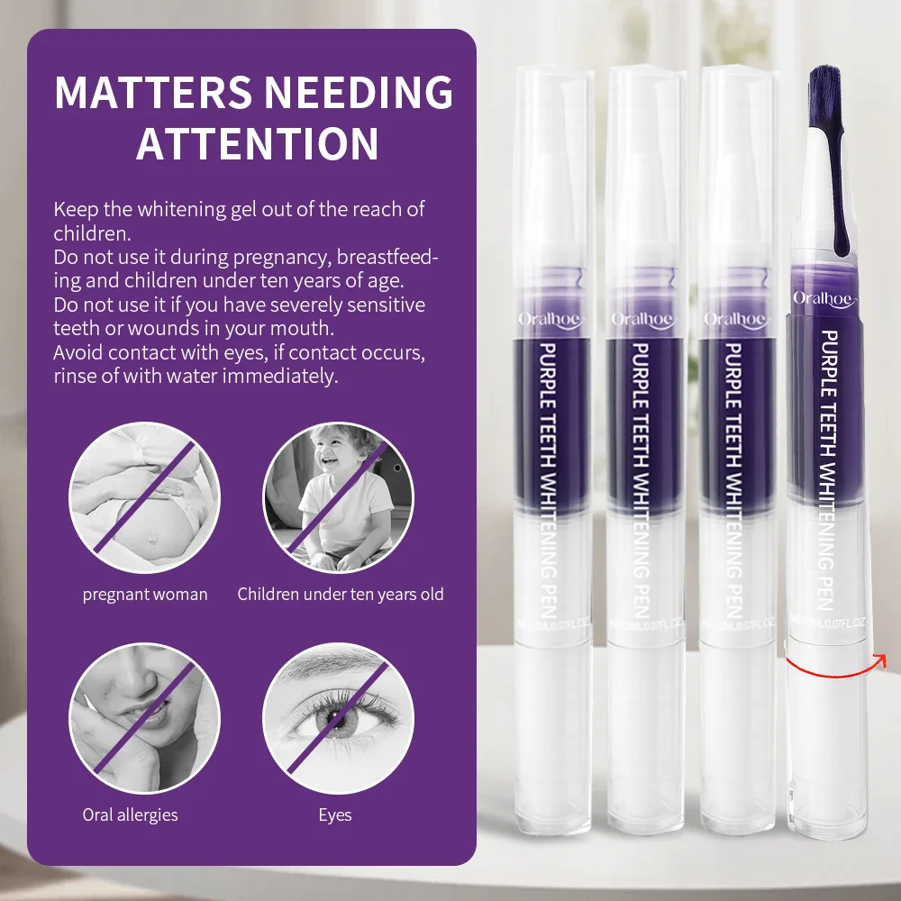 Purple Whitening Gel Pen, Instant Teeth Whitening Pigment Pen for Removing Stains and Restoring Tooth Color