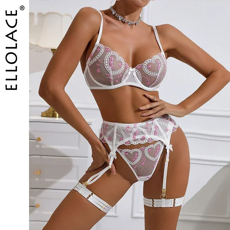 

Ellolace Valentine Lingerie Fancy Heart Embroidery Sexy Dames Luxury Underwear Ensemble Lingeries Femmes Crotchless Bilizna Set
