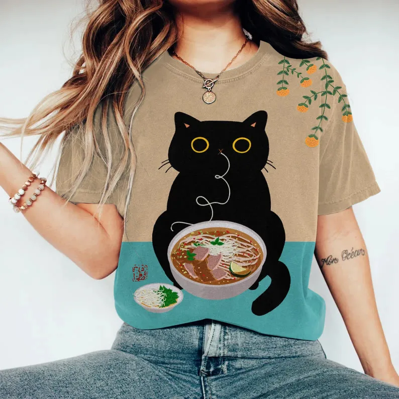 Funny Eat Noodles Black Cat Kitten Pattern Women O-Neck Short Sleeve Shirt Loose Breathable Shirt