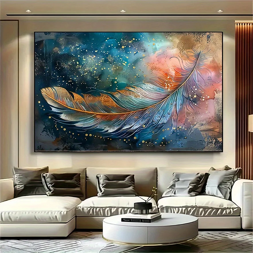 1pc Vibrant Watercolor Feather Wall Art, 47.24x31.49