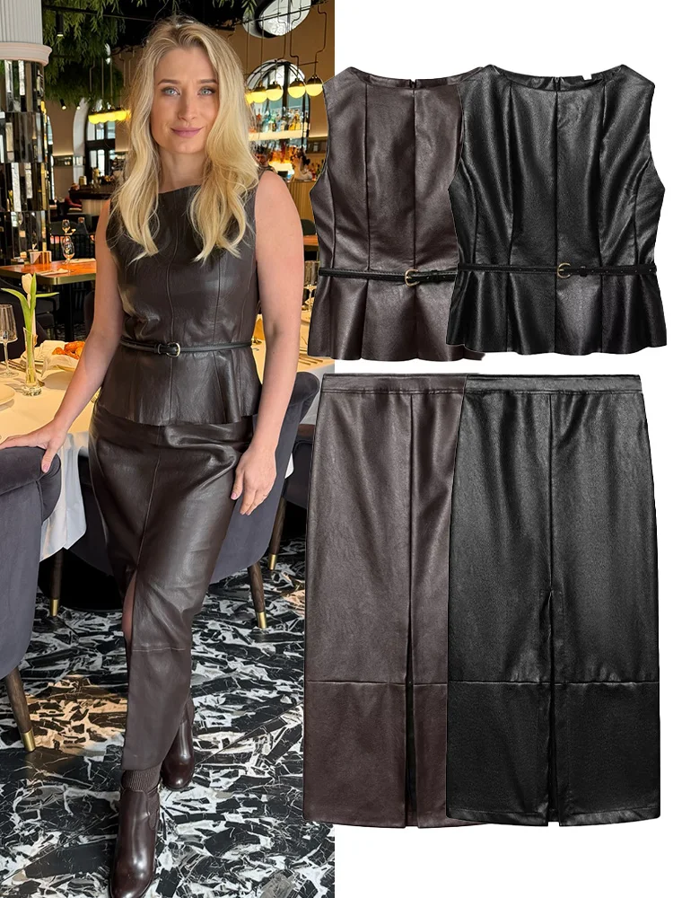 HH Woman Spring Fashion Retro Artificial Leather Skirt Style Sleeveless Tops+High Waist Elegant Belt Casual Hem Slit Long Skirt