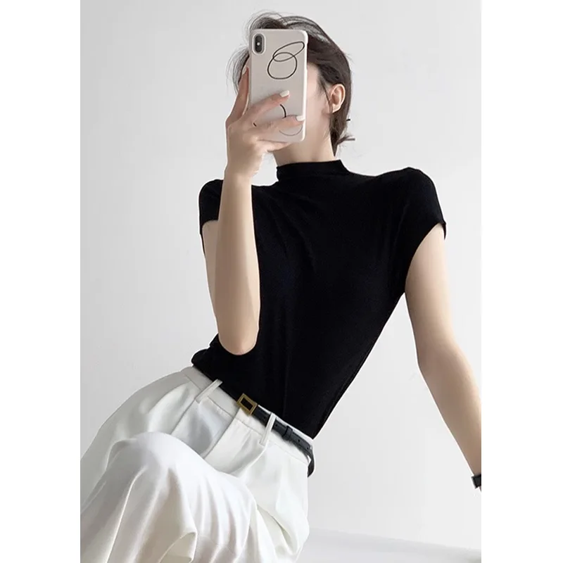 Black Short Sleeve T-Shirt Women's Summer Ice Silk Waist Cinching Slimming Small Fly Sleeve Correct Shoulder Full Cotton High...