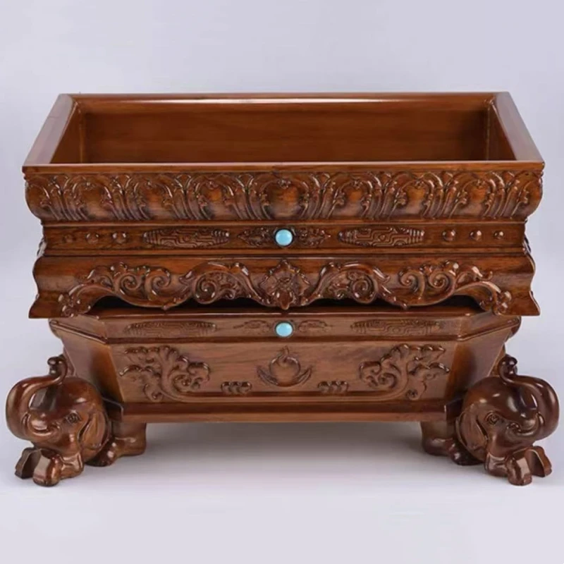 

Tibetan-Style Solid Wood Fruit Plate,Bead Inlay and Heavenly Bead Design, Elephant-Foot Base Home Offering Basket, Storage Tray