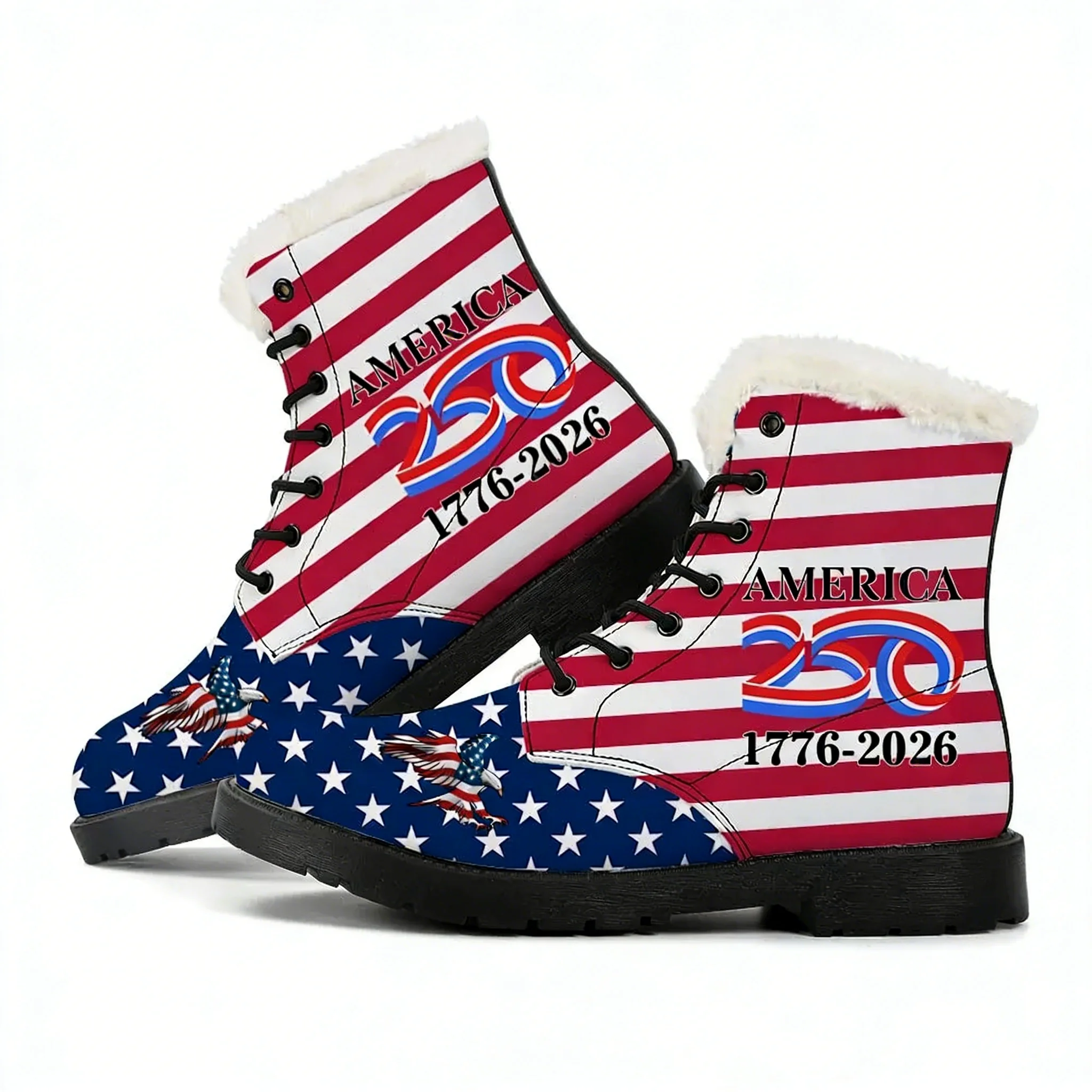 

America 250th Anniversary 1776-2026 Plush Boots Mens Womens Casual Shoes Outdoor Keep Warm Leather Boot High Quality Custom Shoe