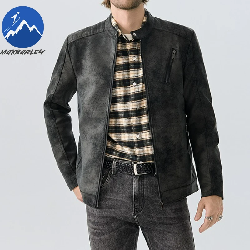 Maxbarley 2025 New Leather Jacket Top Layer Retro Tie Dye Leather Clothes Mens Stand Collar Motorcycle Riding Coat Autumn Youth