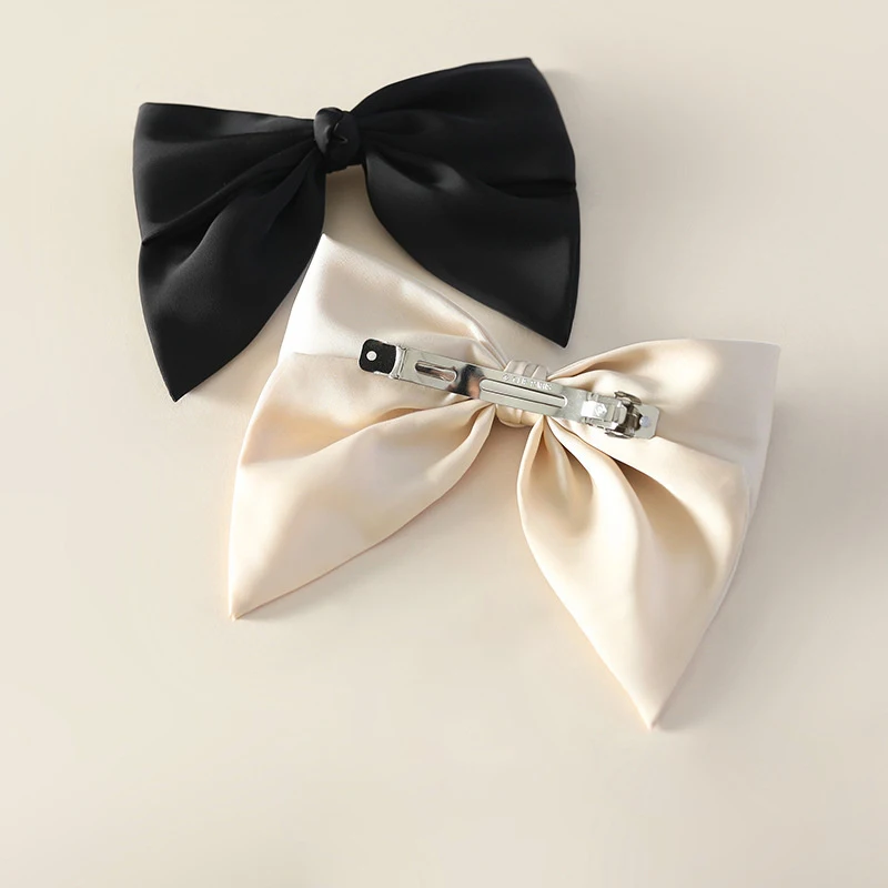 Elegant Satin Silk Large Bow Hair Clips Barrettes Women Girls Solid Black Ribbon Big Bowknot Hairpins Hair Accessories Fashion