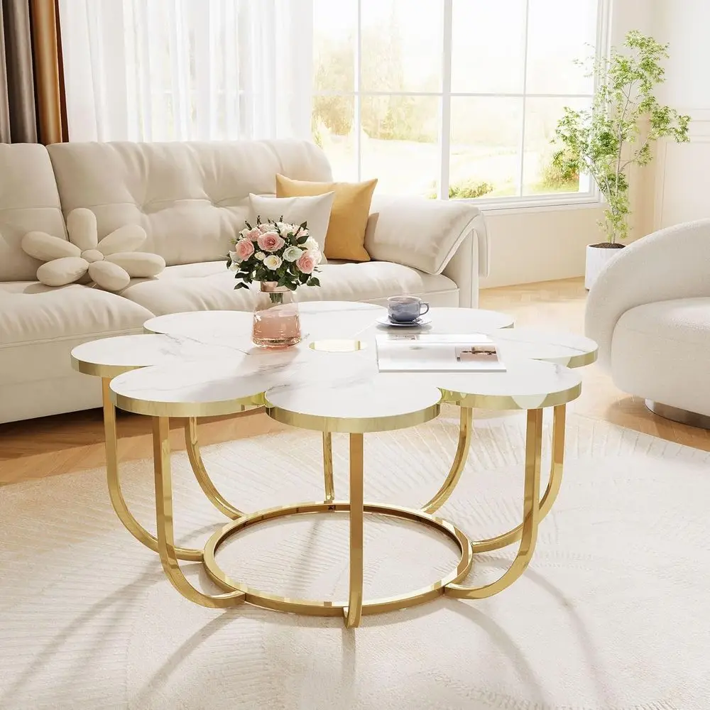 

White and Gold Coee Table, 39.37-Inch ern Accent Center Piece with lower-Shaped aux Marble Tabletop and Metal e or Living Room,